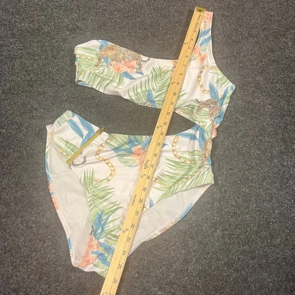 Blu C Tropical Leopard One Shoulder Cutout Monokini Swimsuit BUJR19117 Sz Large - Picture 10 of 10